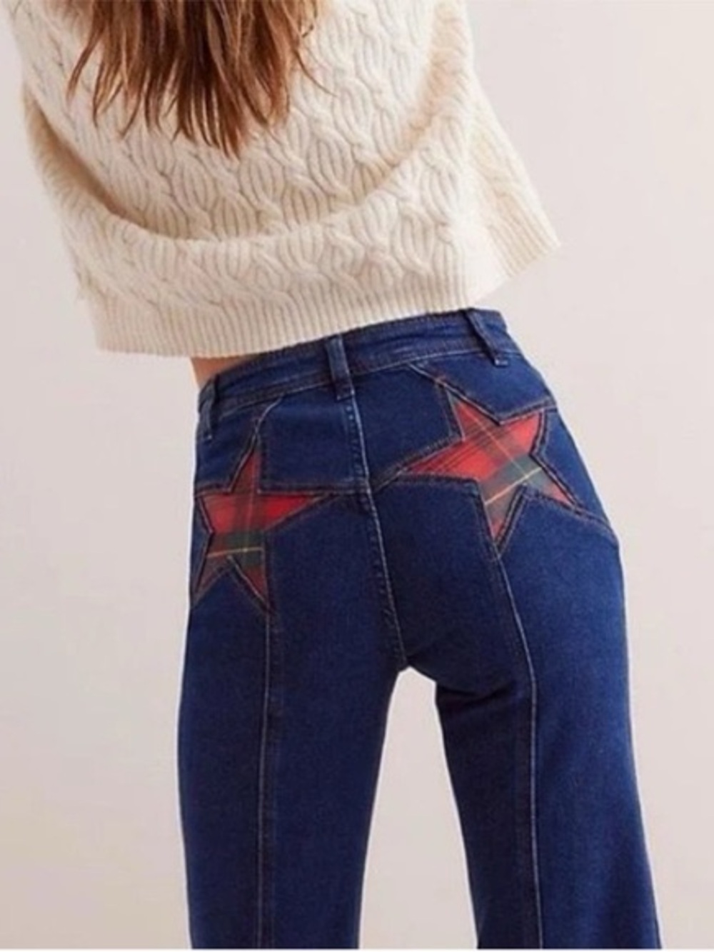 We The Free Free People Firecracker High Rise Flare Jeans in Holiday Tartan NWT